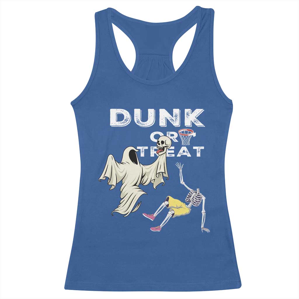 Halloween Dunk Or Treat Racerback Tank Top Funny Skeleton And Ghost Playing Basketball - Wonder Print Shop