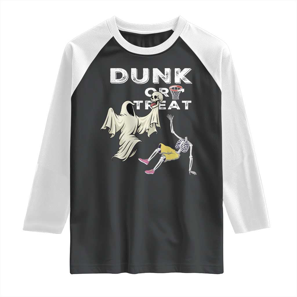 Halloween Dunk Or Treat Raglan Shirt Funny Skeleton And Ghost Playing Basketball - Wonder Print Shop