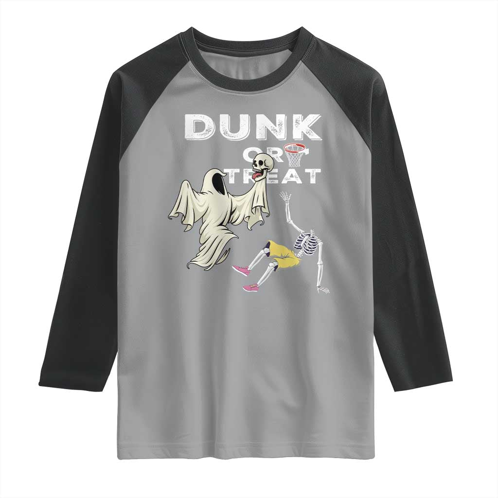 Halloween Dunk Or Treat Raglan Shirt Funny Skeleton And Ghost Playing Basketball - Wonder Print Shop