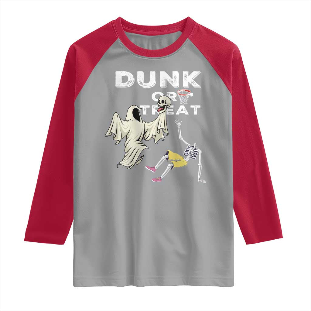 Halloween Dunk Or Treat Raglan Shirt Funny Skeleton And Ghost Playing Basketball - Wonder Print Shop