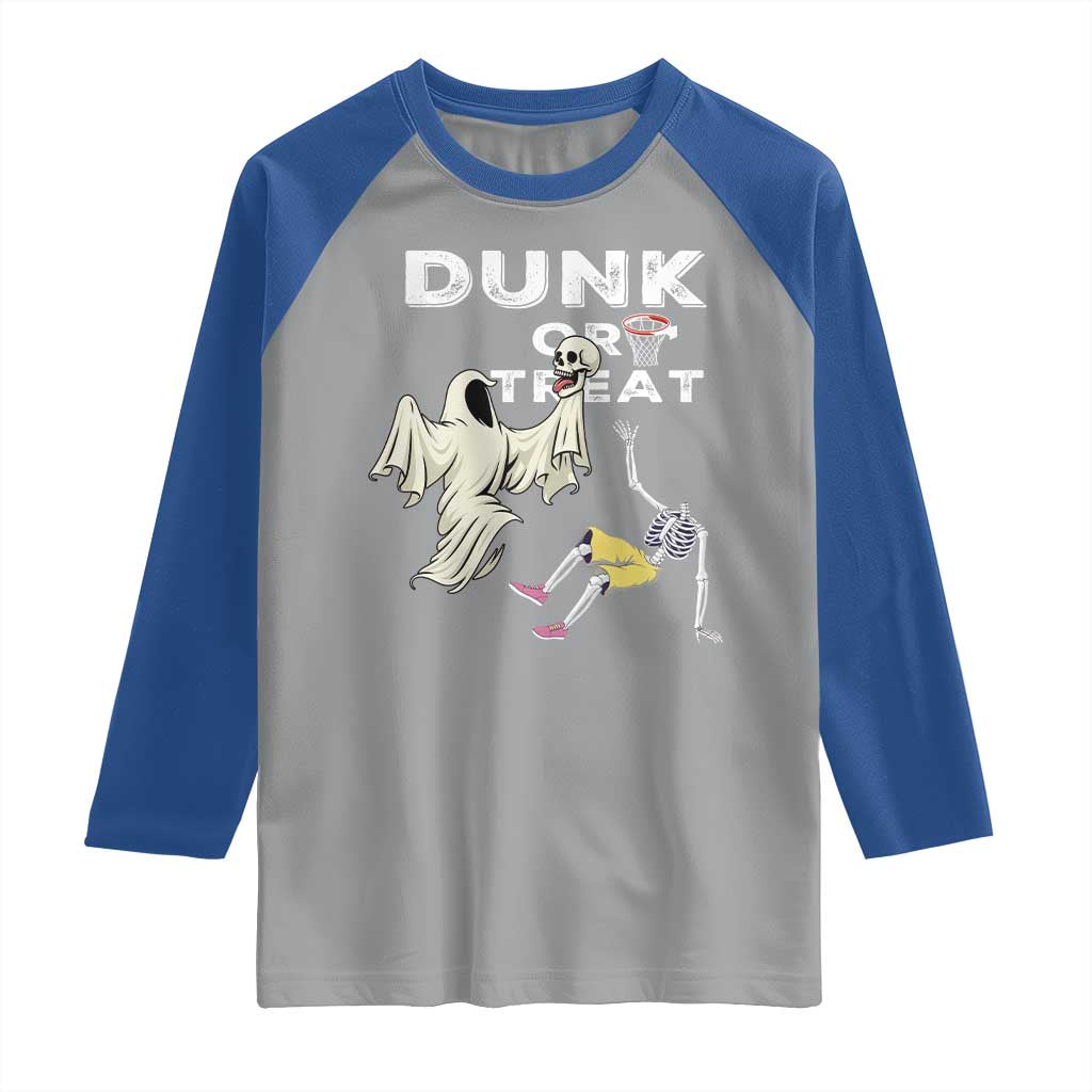 Halloween Dunk Or Treat Raglan Shirt Funny Skeleton And Ghost Playing Basketball - Wonder Print Shop