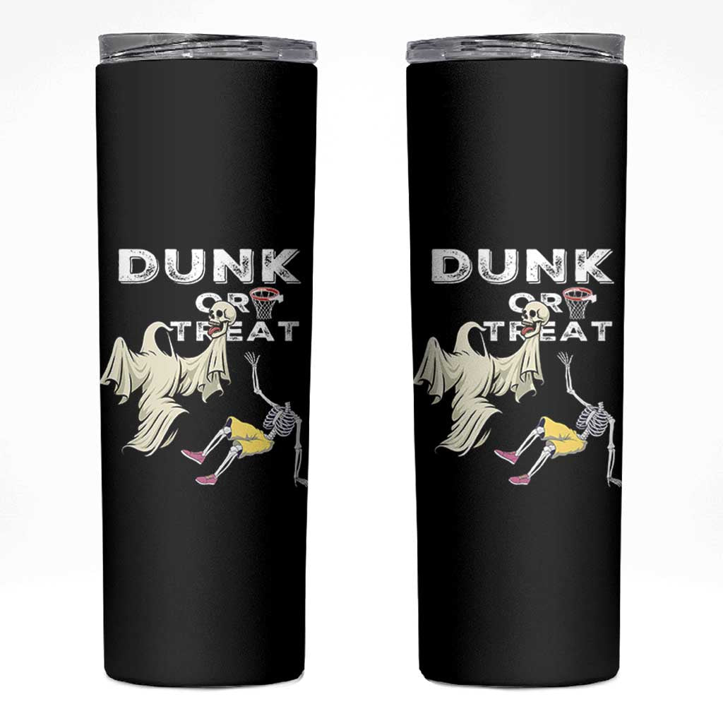 Halloween Dunk Or Treat Skinny Tumbler Funny Skeleton And Ghost Playing Basketball