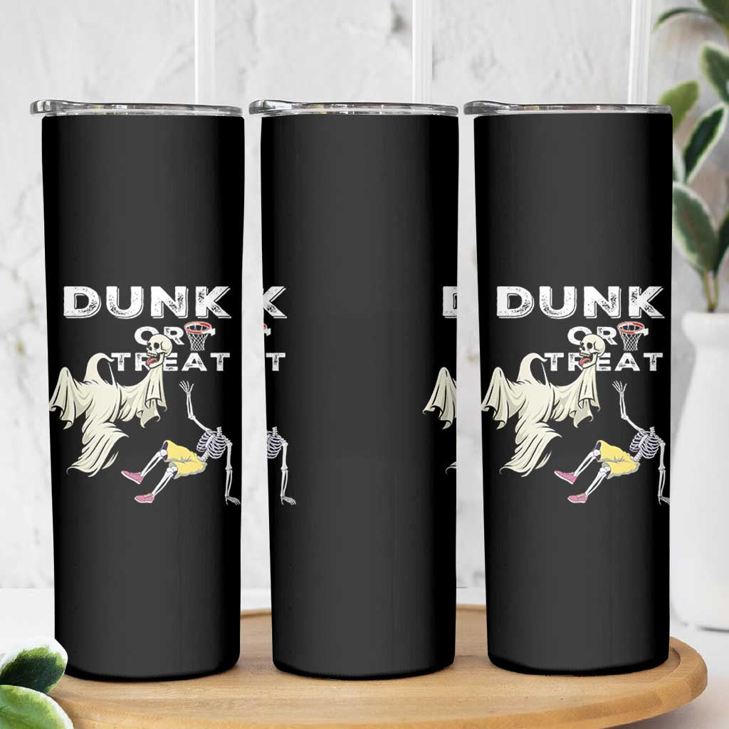 Halloween Dunk Or Treat Skinny Tumbler Funny Skeleton And Ghost Playing Basketball