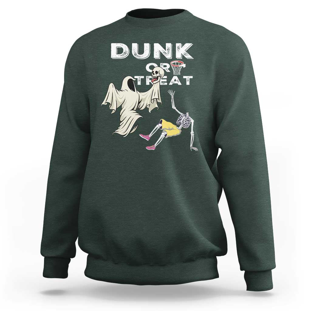 Halloween Dunk Or Treat Sweatshirt Funny Skeleton And Ghost Playing Basketball - Wonder Print Shop