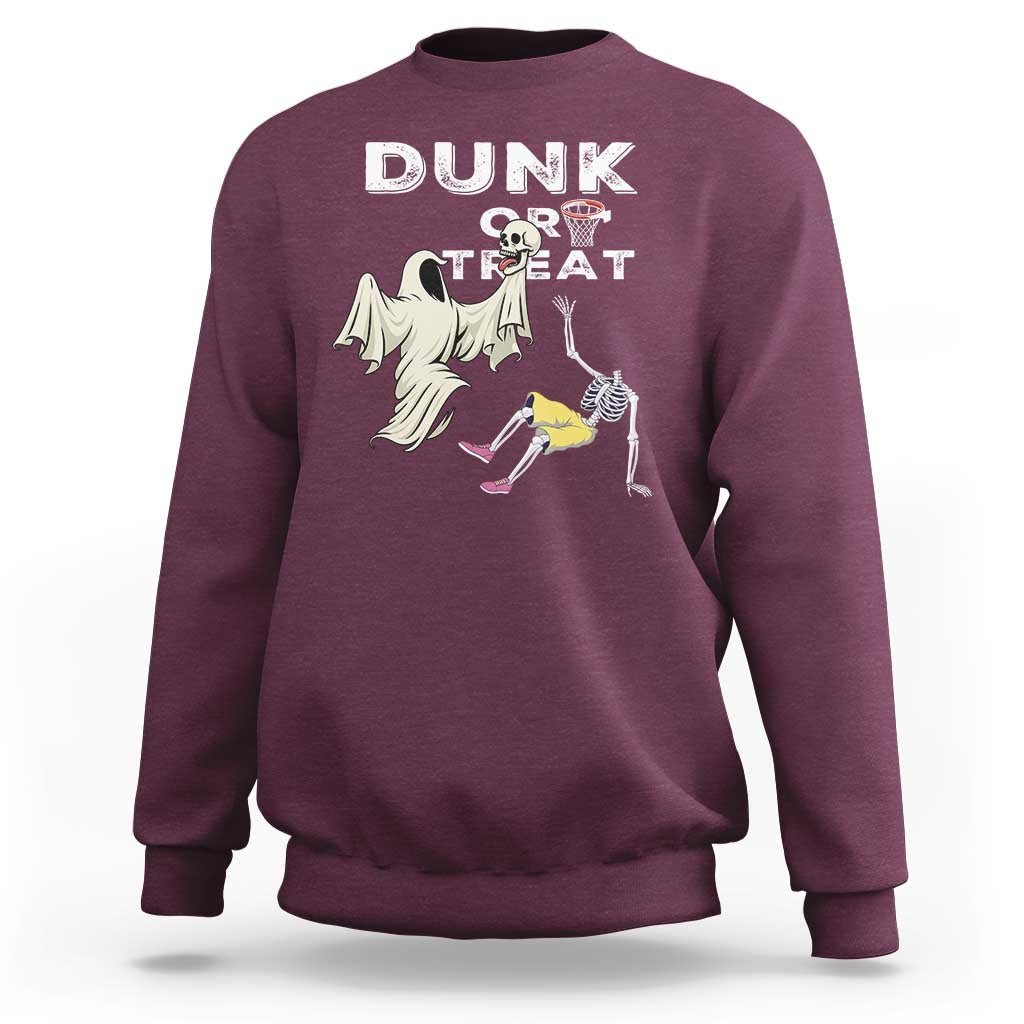 Halloween Dunk Or Treat Sweatshirt Funny Skeleton And Ghost Playing Basketball - Wonder Print Shop