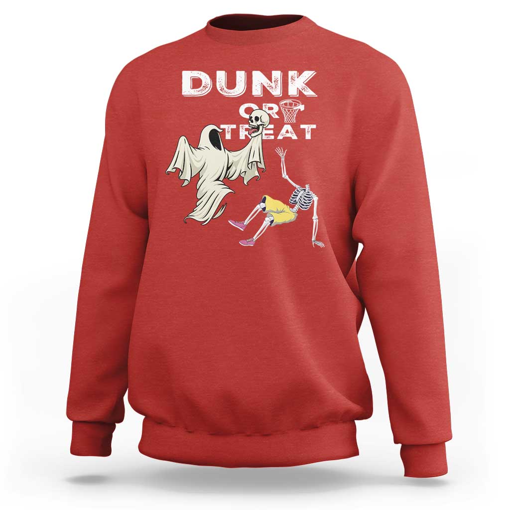 Halloween Dunk Or Treat Sweatshirt Funny Skeleton And Ghost Playing Basketball - Wonder Print Shop
