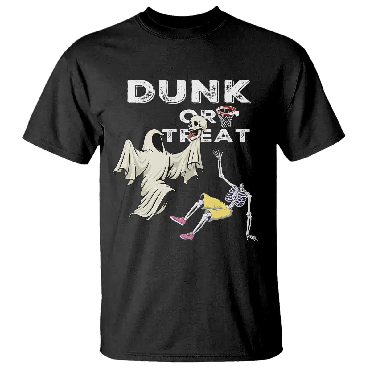 Halloween Dunk Or Treat T Shirt Funny Skeleton And Ghost Playing Basketball - Wonder Print Shop
