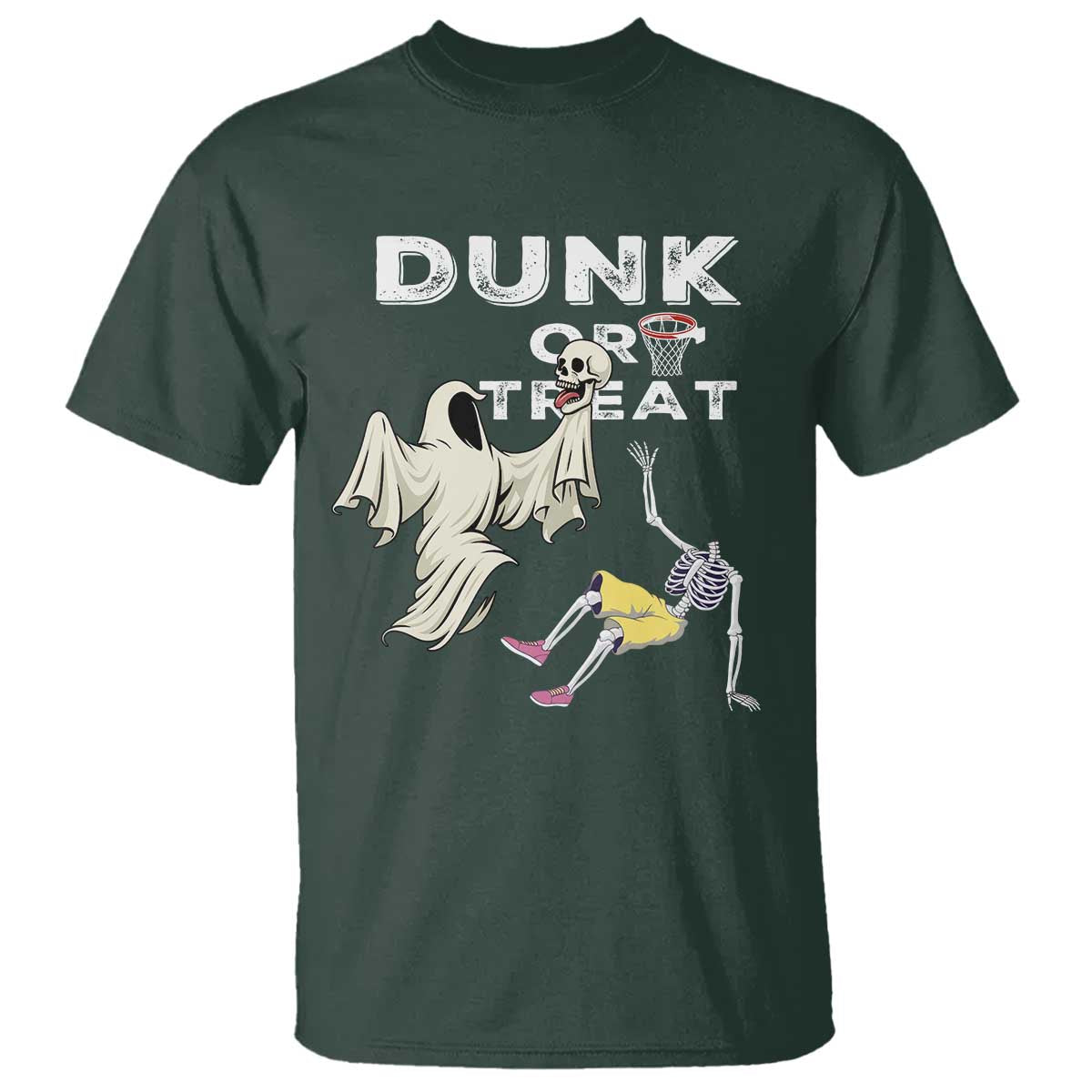 Halloween Dunk Or Treat T Shirt Funny Skeleton And Ghost Playing Basketball - Wonder Print Shop