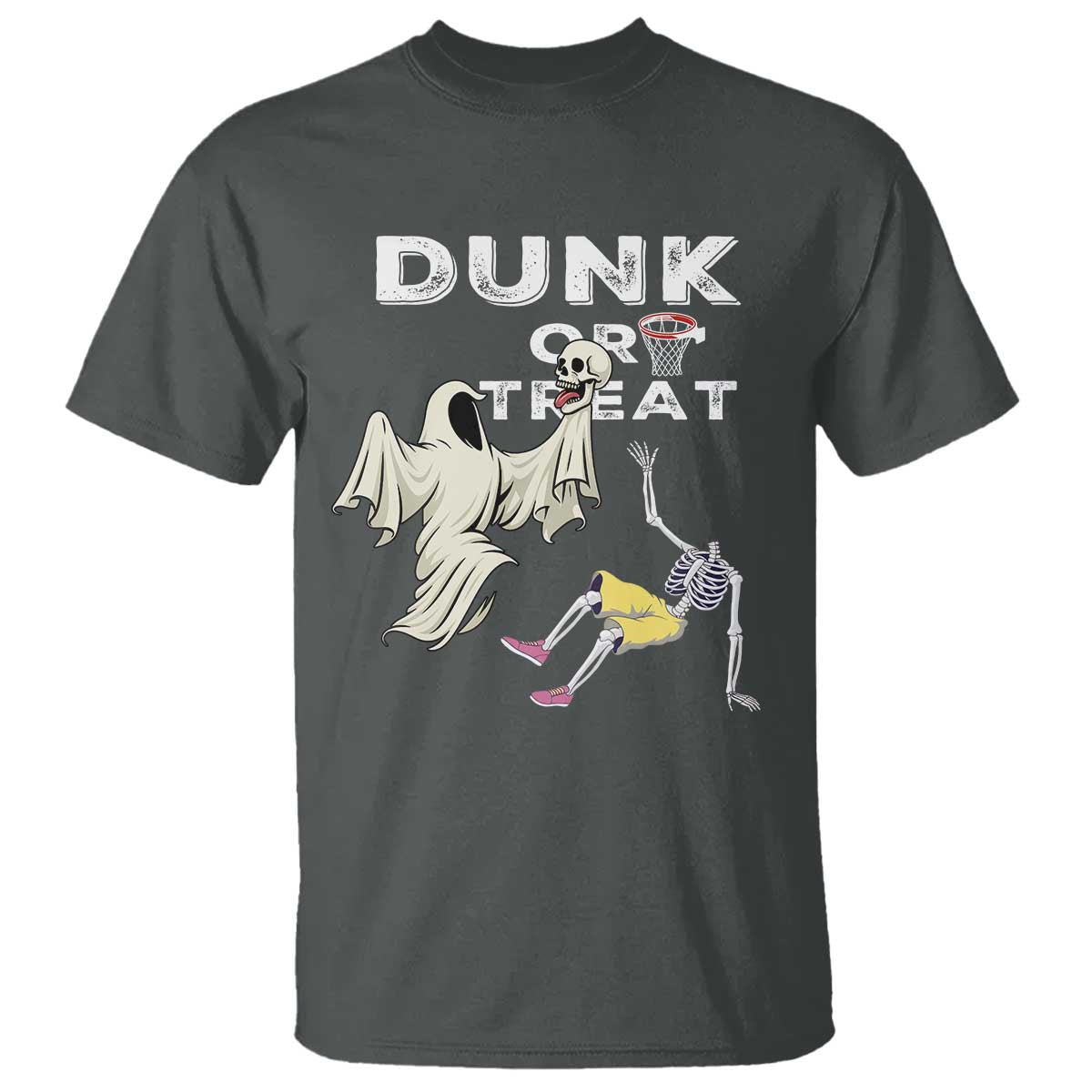 Halloween Dunk Or Treat T Shirt Funny Skeleton And Ghost Playing Basketball - Wonder Print Shop