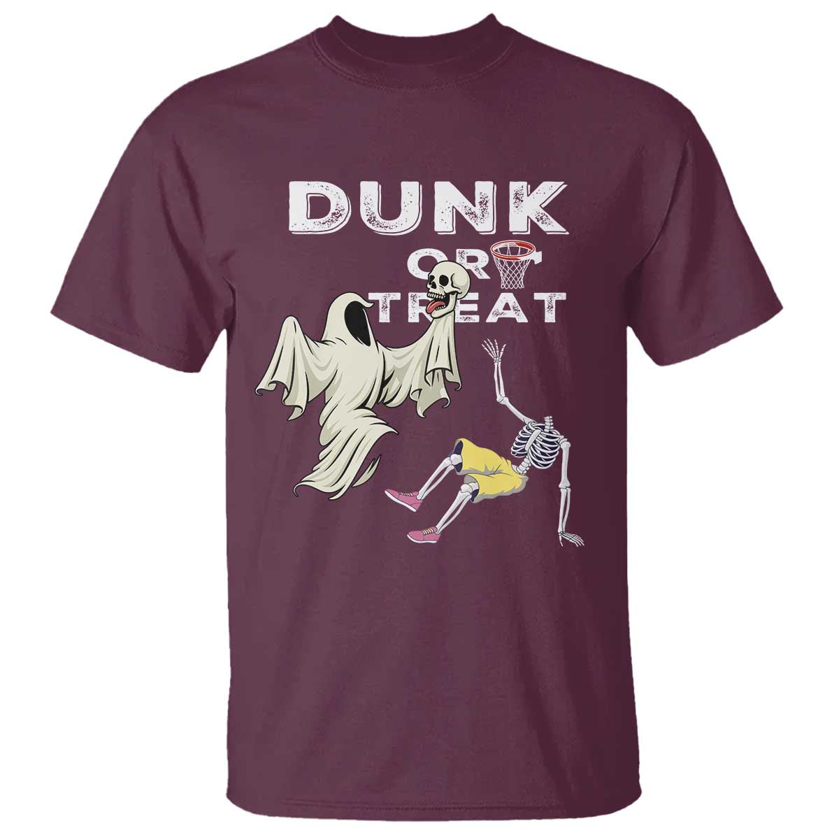 Halloween Dunk Or Treat T Shirt Funny Skeleton And Ghost Playing Basketball - Wonder Print Shop