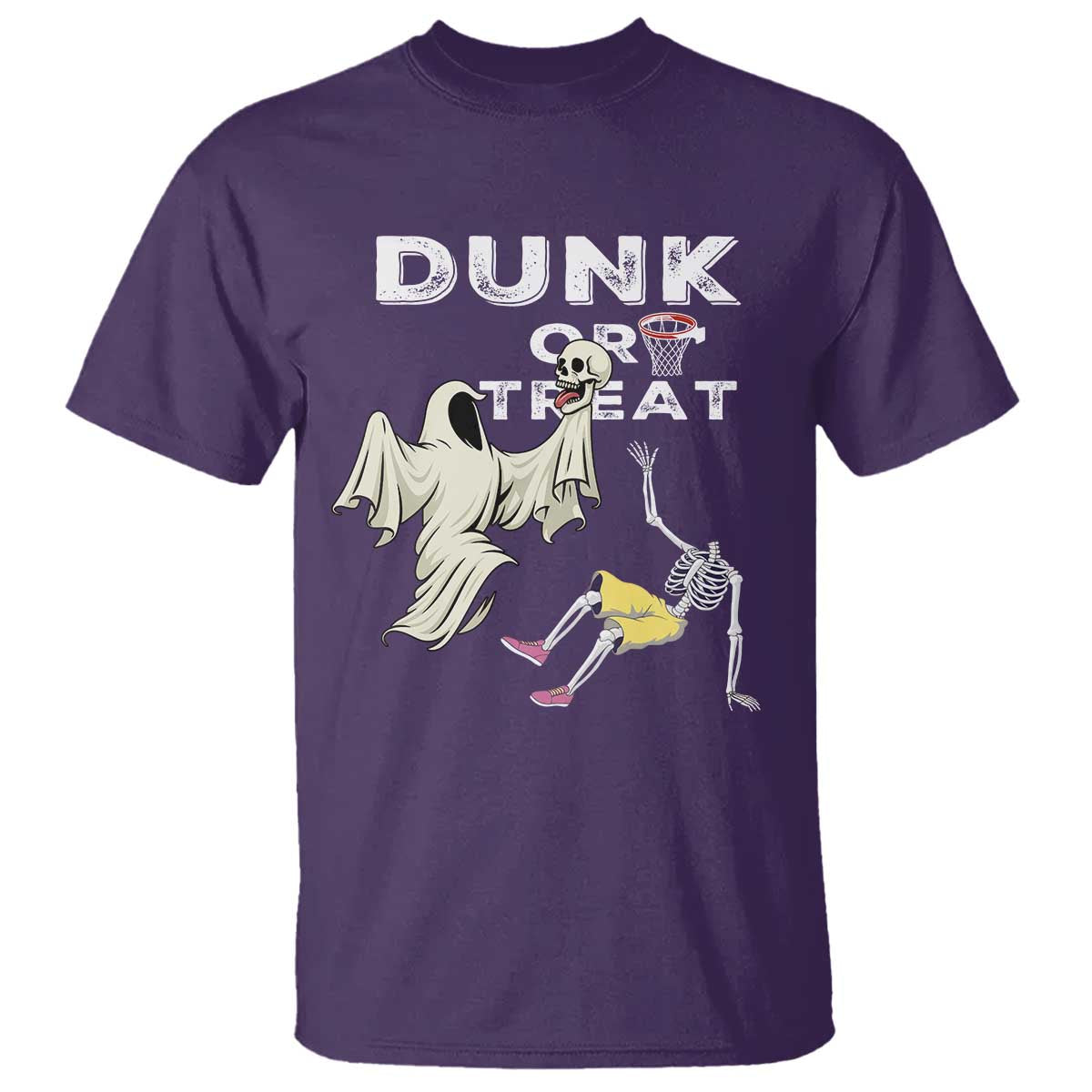 Halloween Dunk Or Treat T Shirt Funny Skeleton And Ghost Playing Basketball - Wonder Print Shop