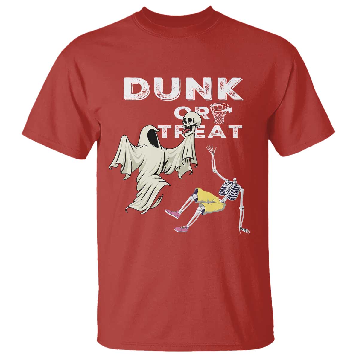 Halloween Dunk Or Treat T Shirt Funny Skeleton And Ghost Playing Basketball - Wonder Print Shop