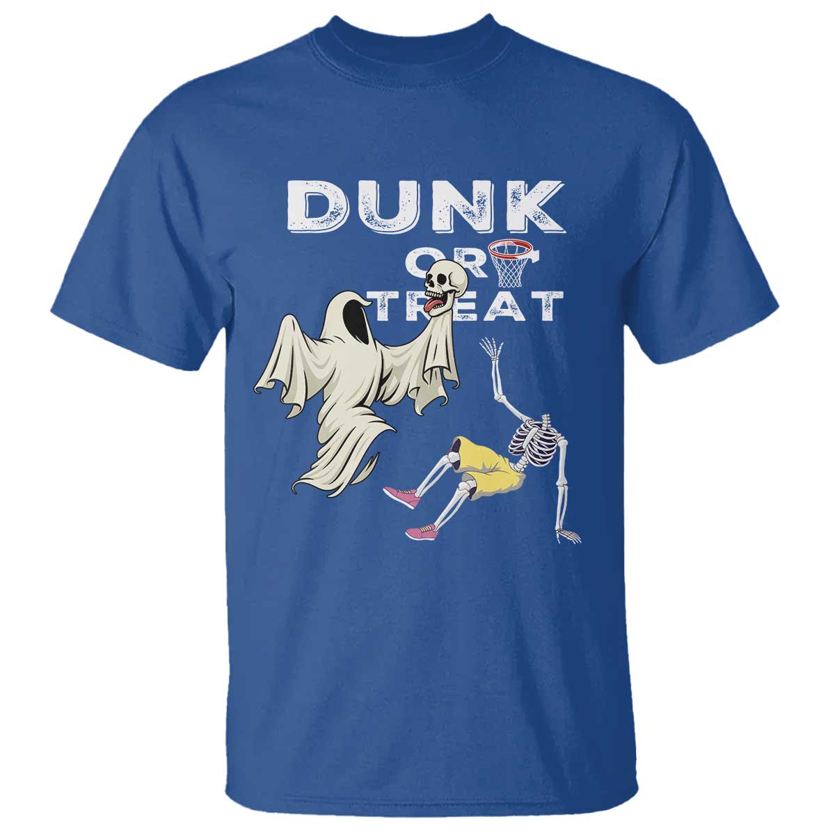 Halloween Dunk Or Treat T Shirt Funny Skeleton And Ghost Playing Basketball - Wonder Print Shop