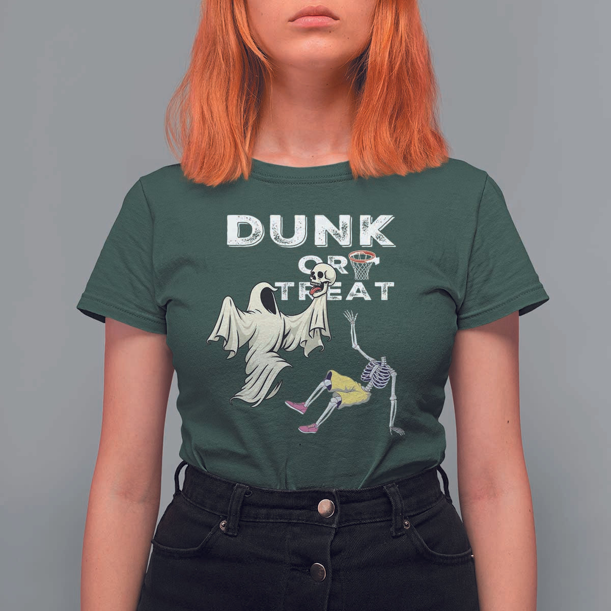Halloween Dunk Or Treat T Shirt For Women Funny Skeleton And Ghost Playing Basketball - Wonder Print Shop
