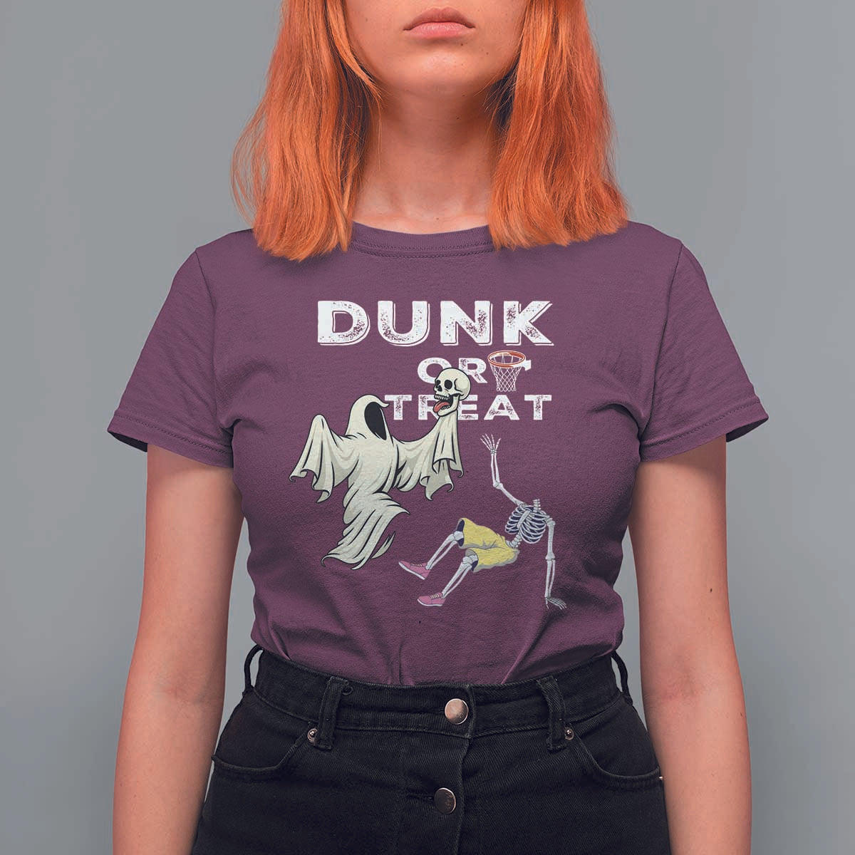 Halloween Dunk Or Treat T Shirt For Women Funny Skeleton And Ghost Playing Basketball - Wonder Print Shop
