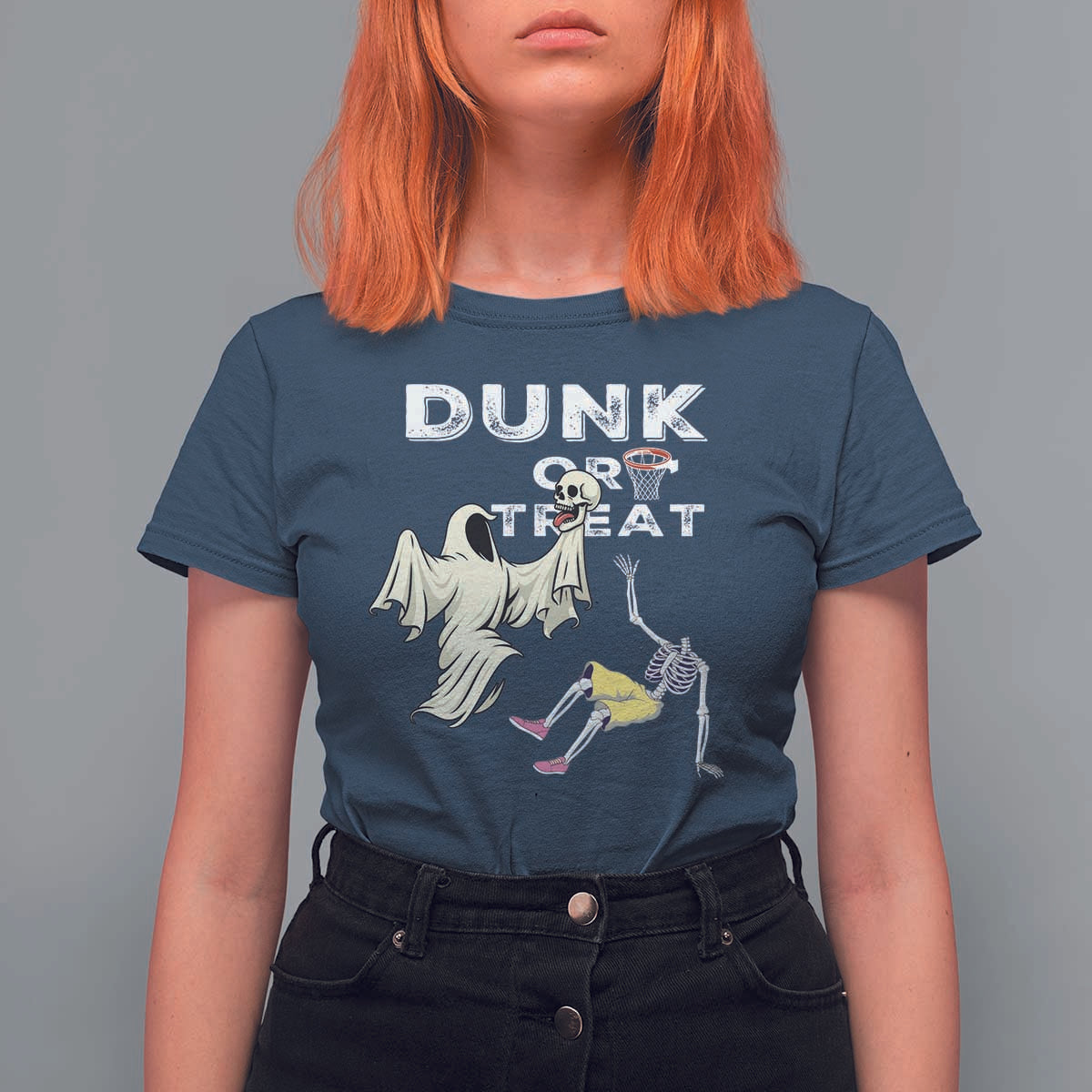 Halloween Dunk Or Treat T Shirt For Women Funny Skeleton And Ghost Playing Basketball - Wonder Print Shop