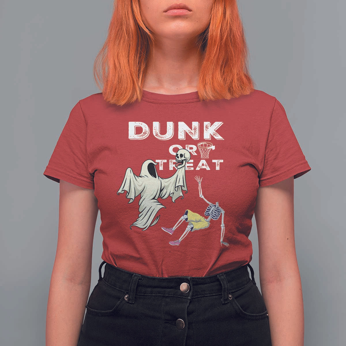 Halloween Dunk Or Treat T Shirt For Women Funny Skeleton And Ghost Playing Basketball - Wonder Print Shop