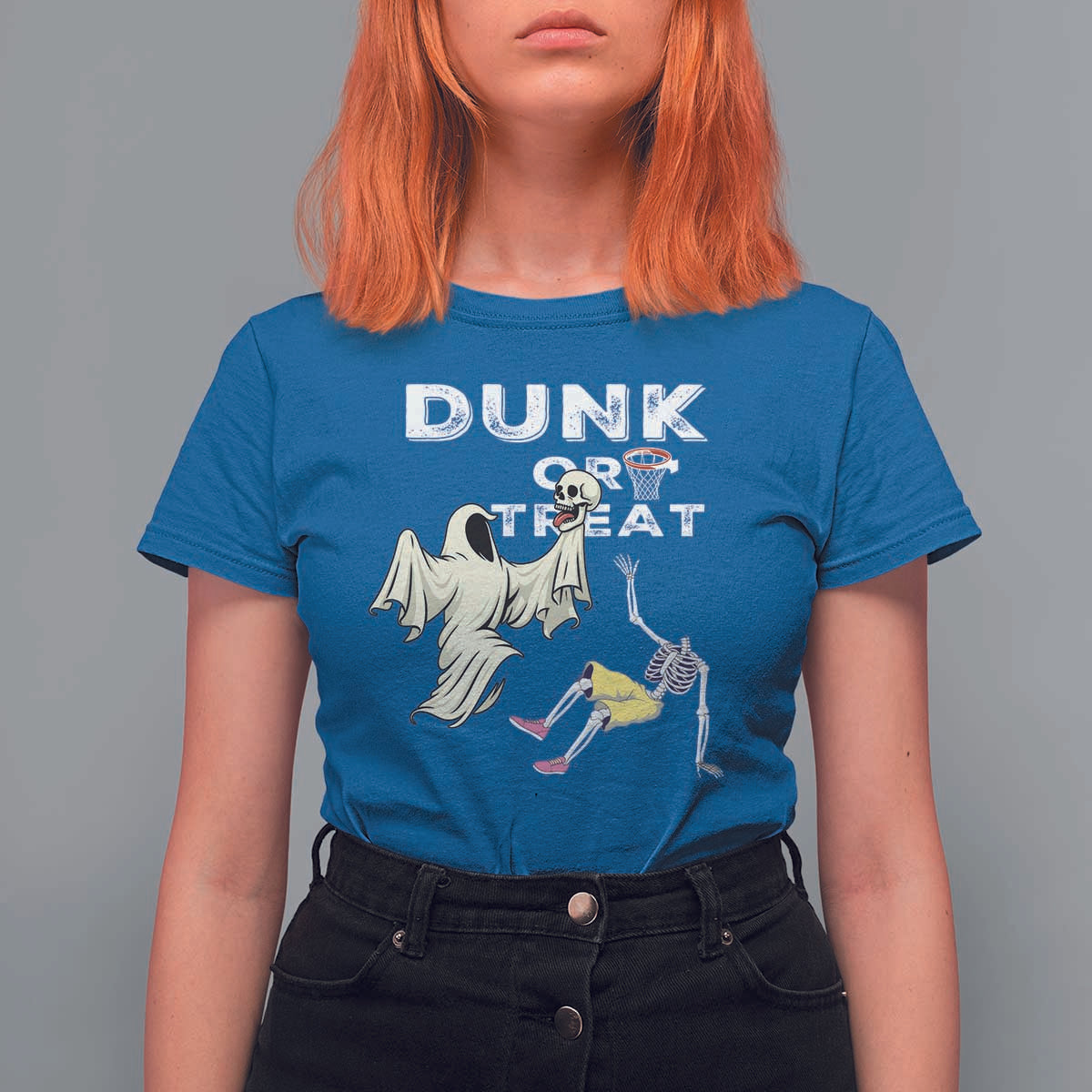 Halloween Dunk Or Treat T Shirt For Women Funny Skeleton And Ghost Playing Basketball - Wonder Print Shop