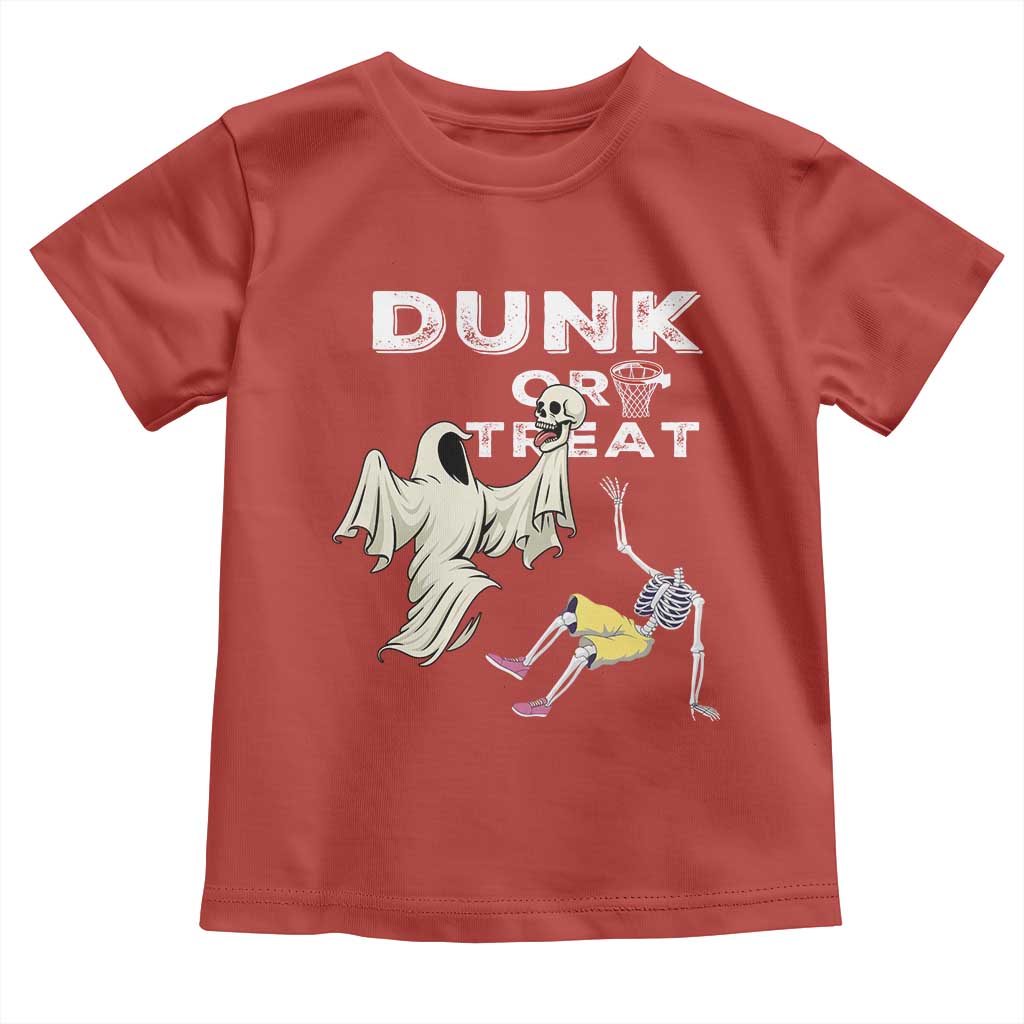 Halloween Dunk Or Treat Toddler T Shirt Funny Skeleton And Ghost Playing Basketball - Wonder Print Shop