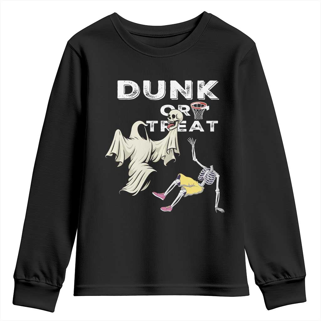 Halloween Dunk Or Treat Youth Sweatshirt Funny Skeleton And Ghost Playing Basketball - Wonder Print Shop