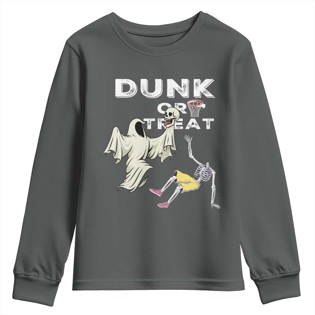 Halloween Dunk Or Treat Youth Sweatshirt Funny Skeleton And Ghost Playing Basketball - Wonder Print Shop