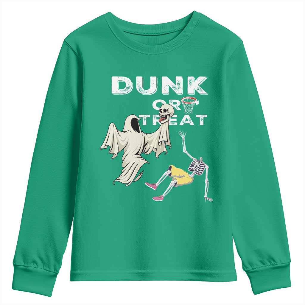 Halloween Dunk Or Treat Youth Sweatshirt Funny Skeleton And Ghost Playing Basketball - Wonder Print Shop
