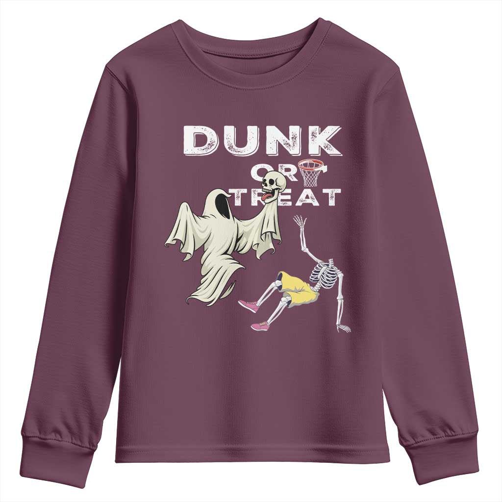 Halloween Dunk Or Treat Youth Sweatshirt Funny Skeleton And Ghost Playing Basketball - Wonder Print Shop