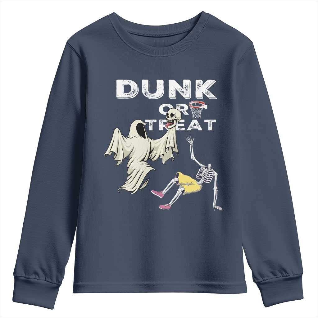 Halloween Dunk Or Treat Youth Sweatshirt Funny Skeleton And Ghost Playing Basketball - Wonder Print Shop