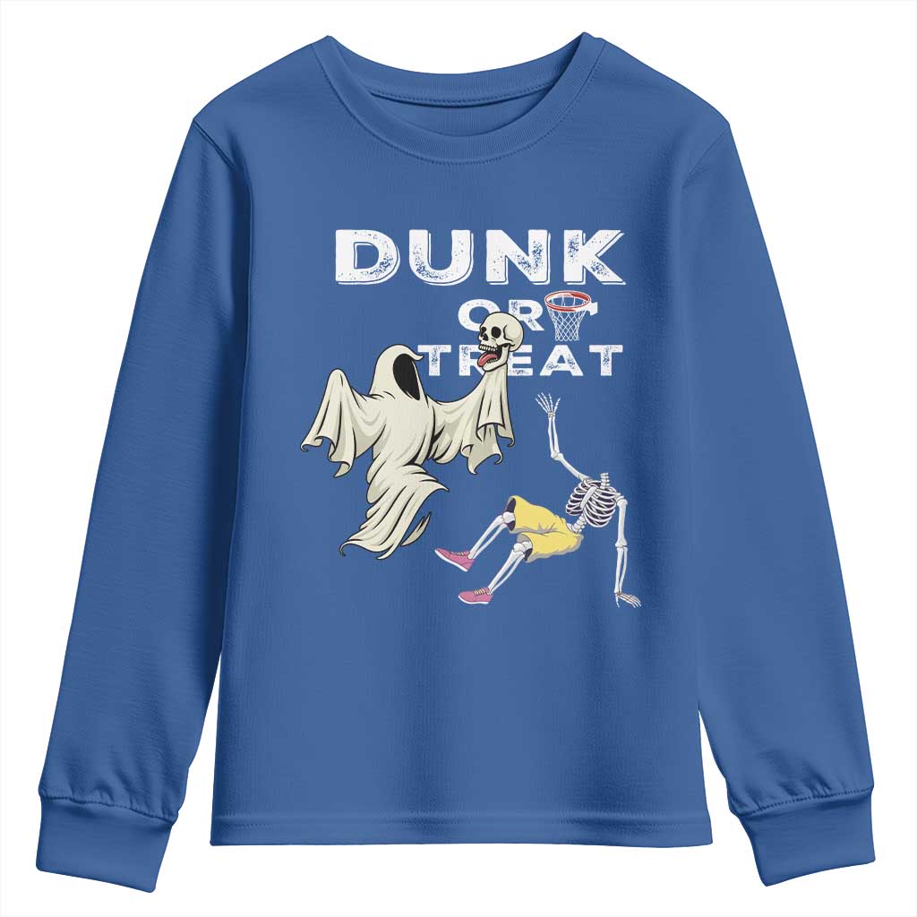Halloween Dunk Or Treat Youth Sweatshirt Funny Skeleton And Ghost Playing Basketball - Wonder Print Shop