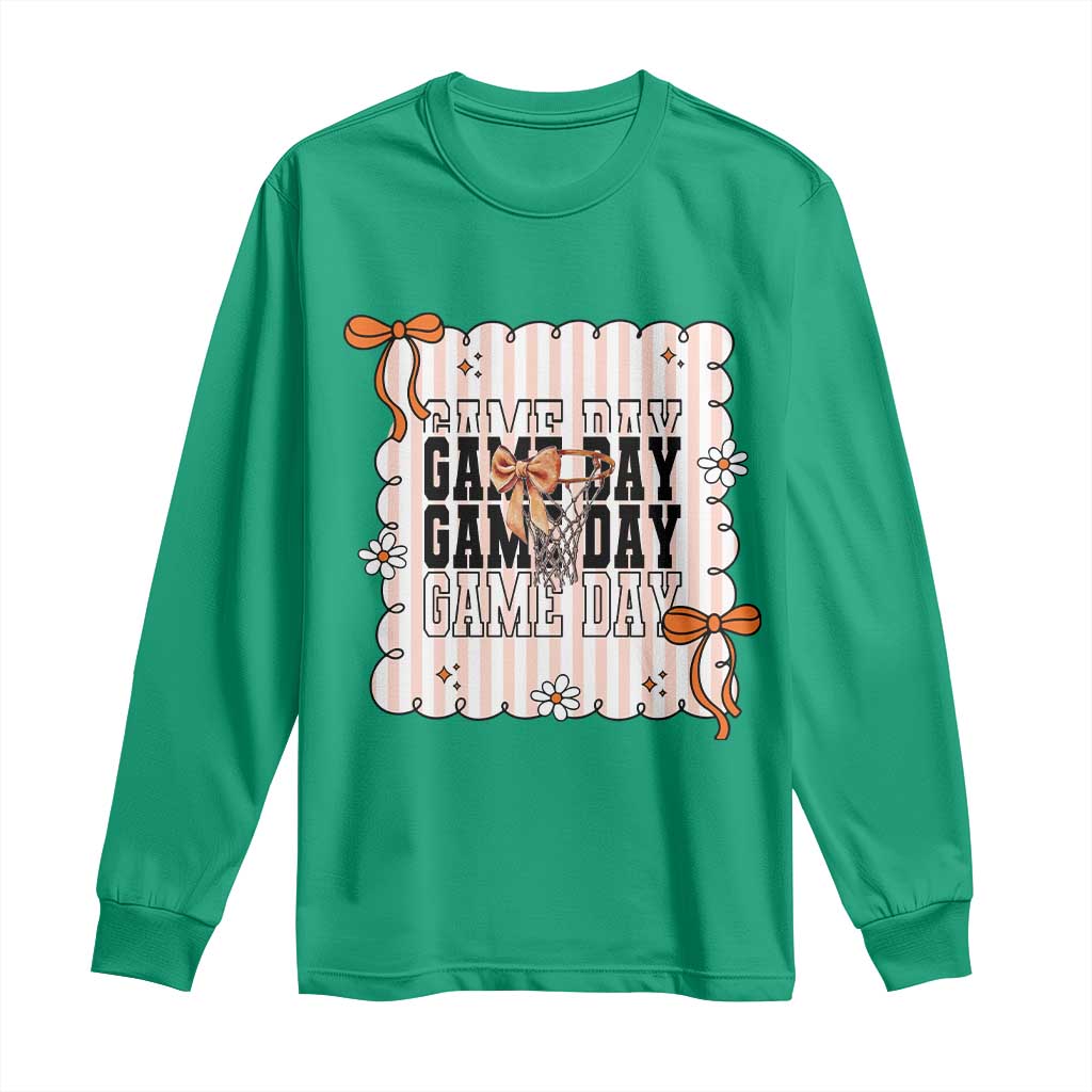 Basketball Game Day Long Sleeve Shirt Retro Coquette Bow Gift For Sport Lovers - Wonder Print Shop