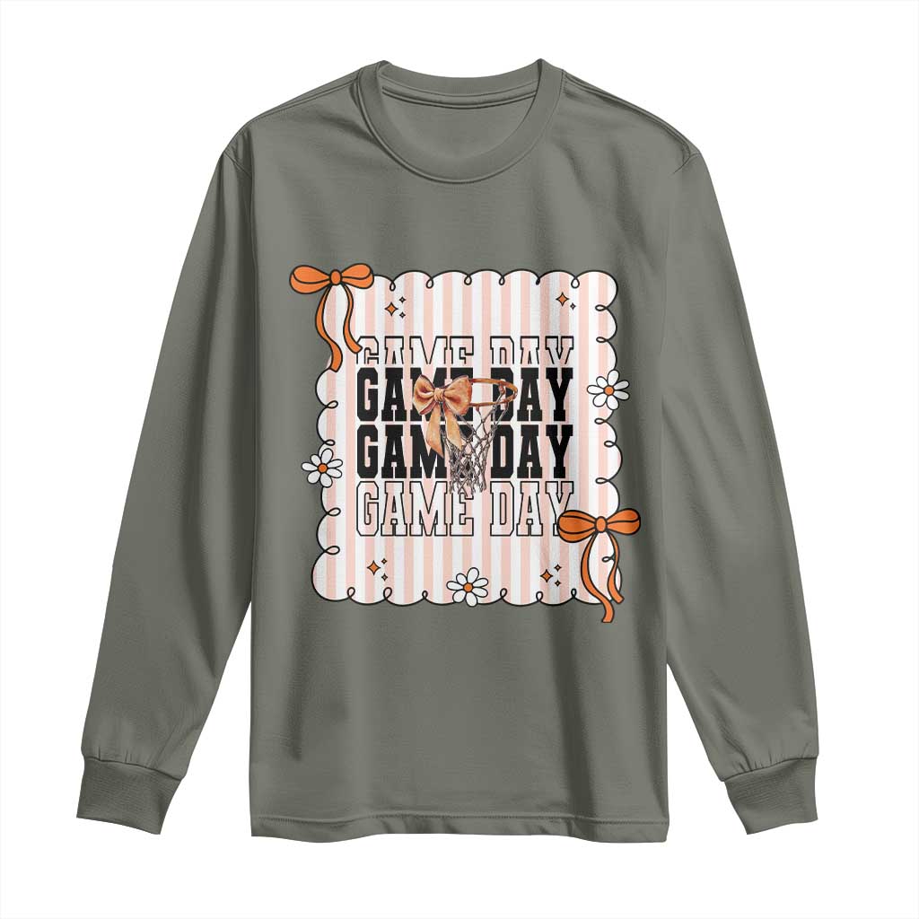 Basketball Game Day Long Sleeve Shirt Retro Coquette Bow Gift For Sport Lovers - Wonder Print Shop