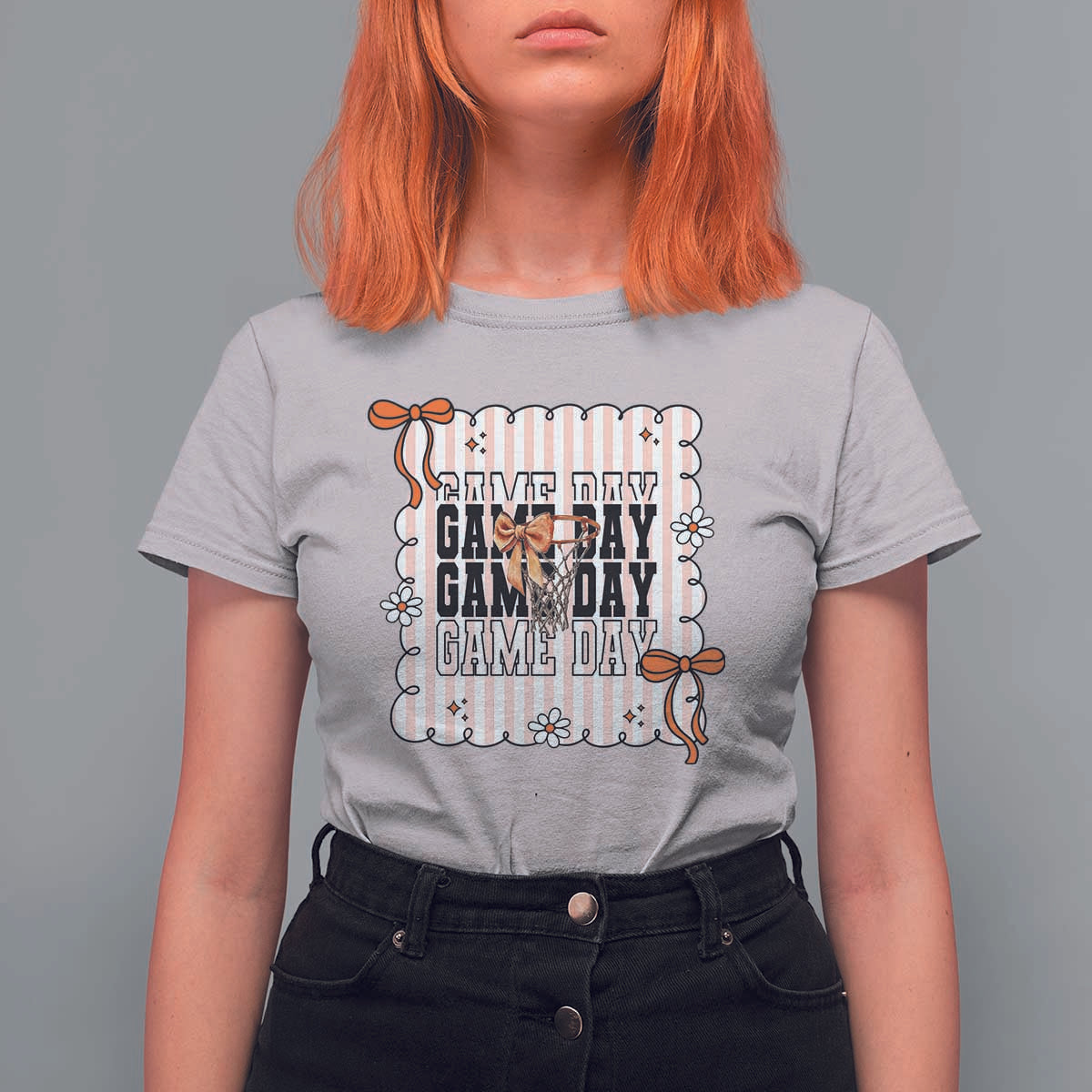 Basketball Game Day T Shirt For Women Retro Coquette Bow Gift For Sport Lovers - Wonder Print Shop