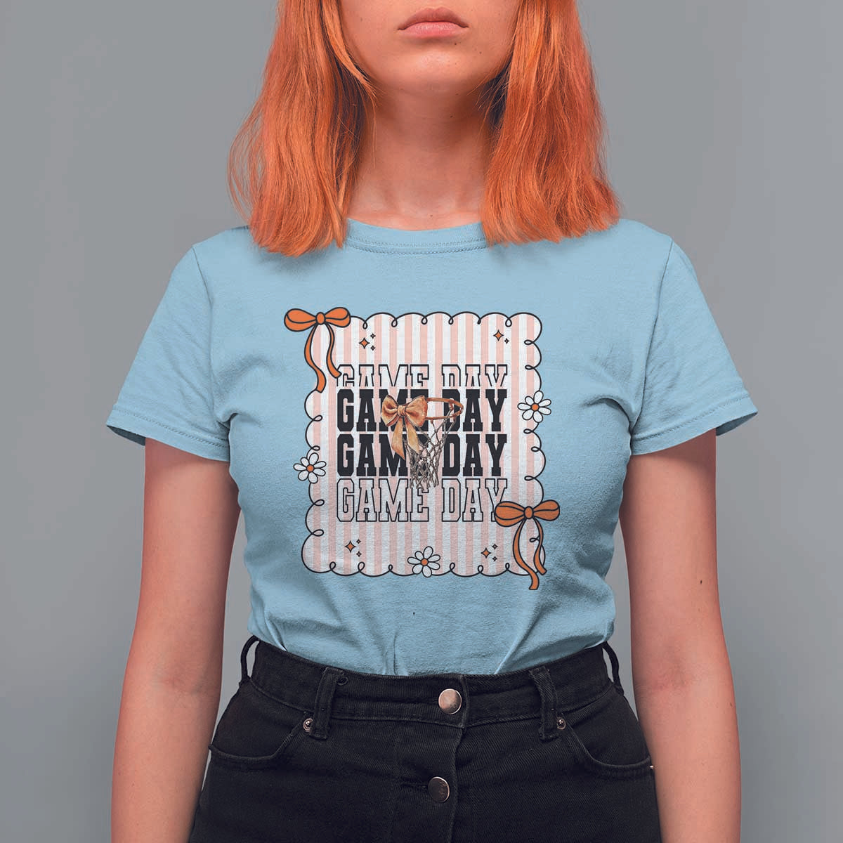 Basketball Game Day T Shirt For Women Retro Coquette Bow Gift For Sport Lovers - Wonder Print Shop