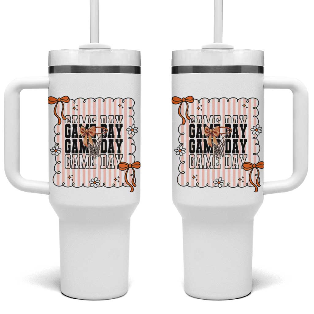 Basketball Game Day Tumbler With Handle Retro Coquette Bow Gift For Sport Lovers