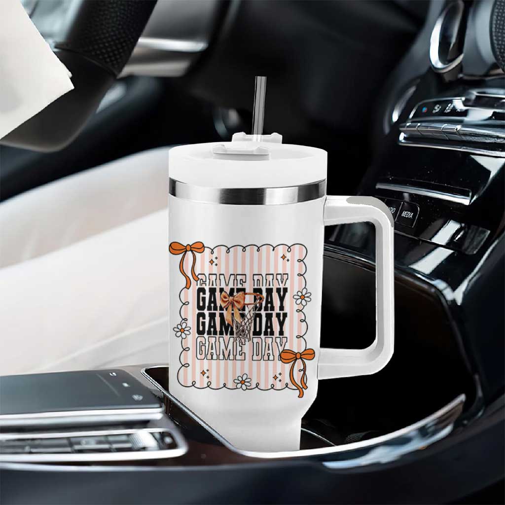 Basketball Game Day Tumbler With Handle Retro Coquette Bow Gift For Sport Lovers