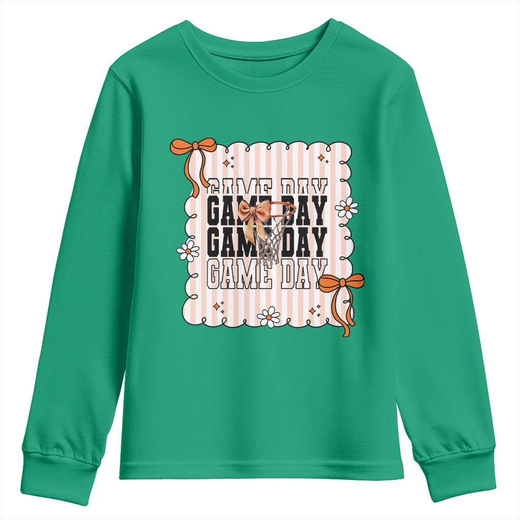 Basketball Game Day Youth Sweatshirt Retro Coquette Bow Gift For Sport Lovers - Wonder Print Shop