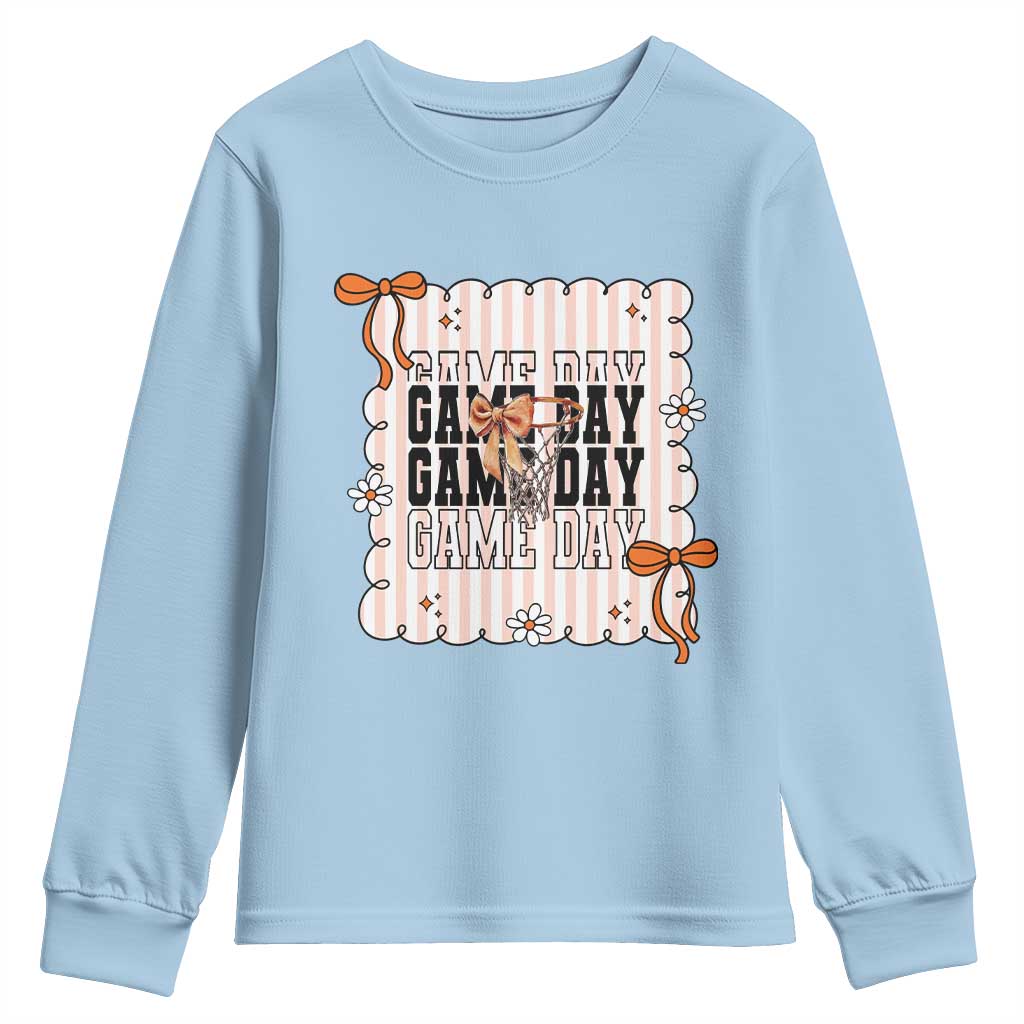 Basketball Game Day Youth Sweatshirt Retro Coquette Bow Gift For Sport Lovers - Wonder Print Shop
