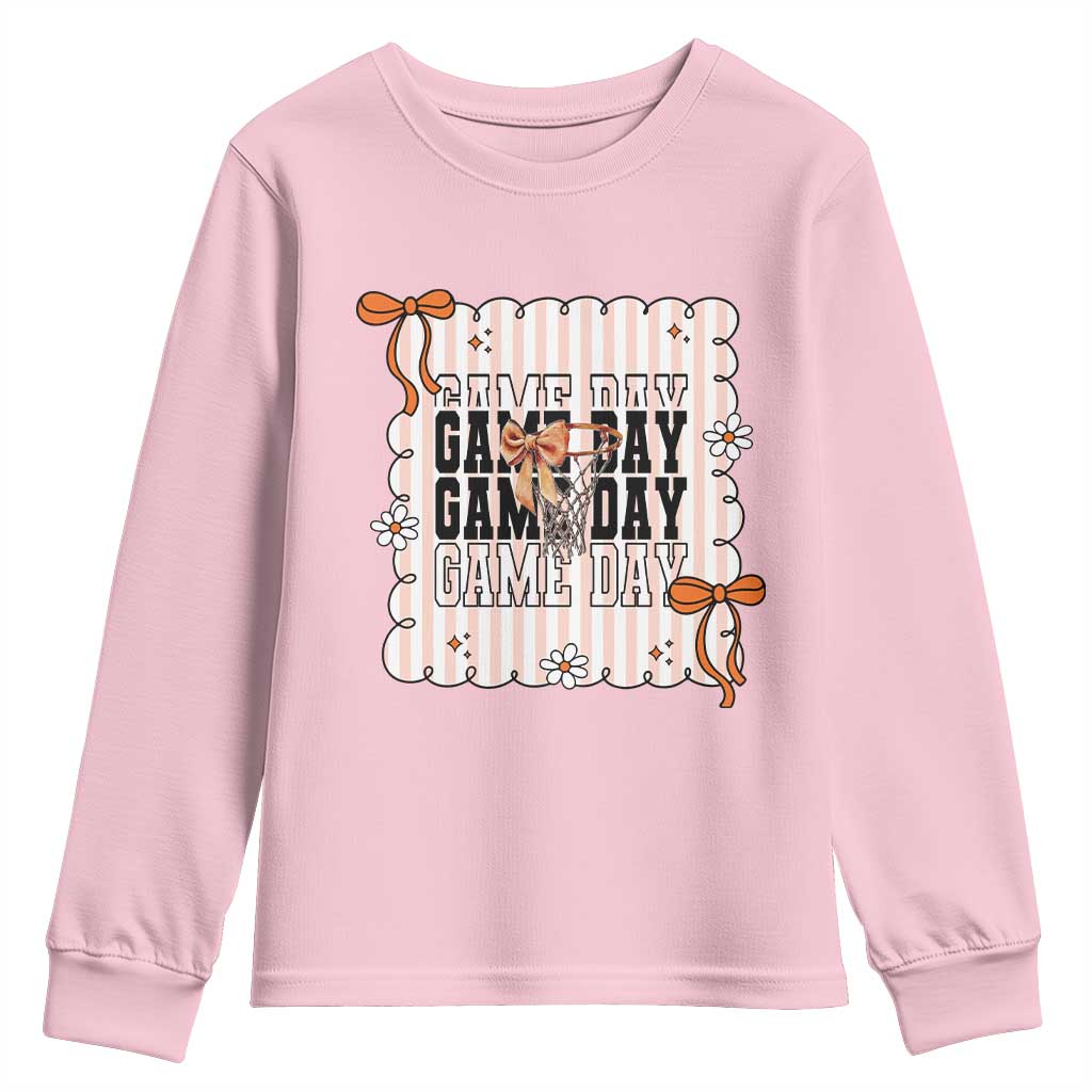Basketball Game Day Youth Sweatshirt Retro Coquette Bow Gift For Sport Lovers - Wonder Print Shop