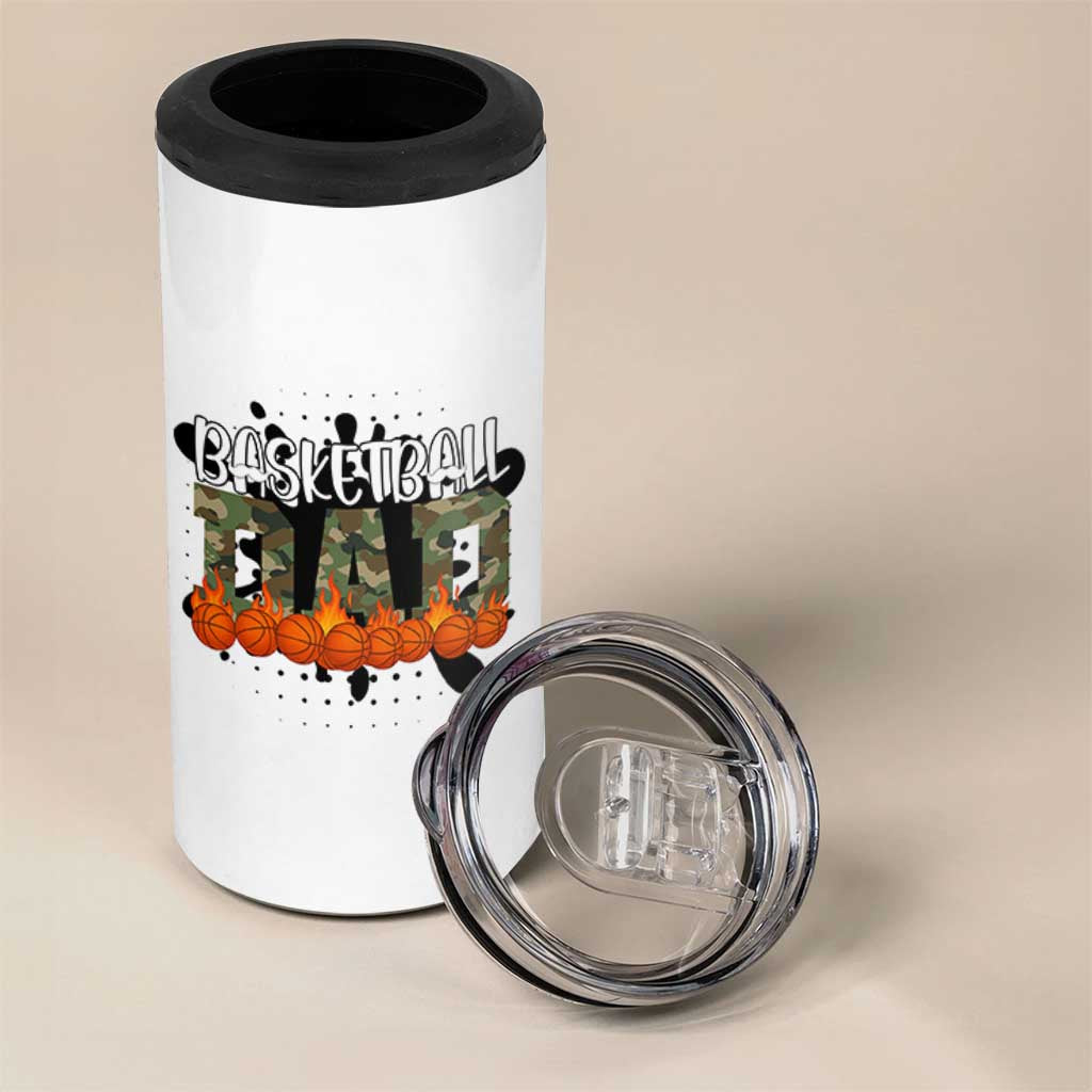 Basketball Dad 4 in 1 Can Cooler Tumbler Camouflage Flame Graphic For Sport Lover