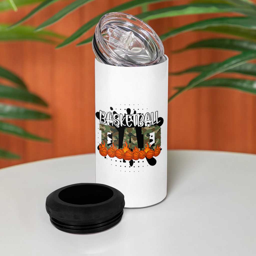 Basketball Dad 4 in 1 Can Cooler Tumbler Camouflage Flame Graphic For Sport Lover