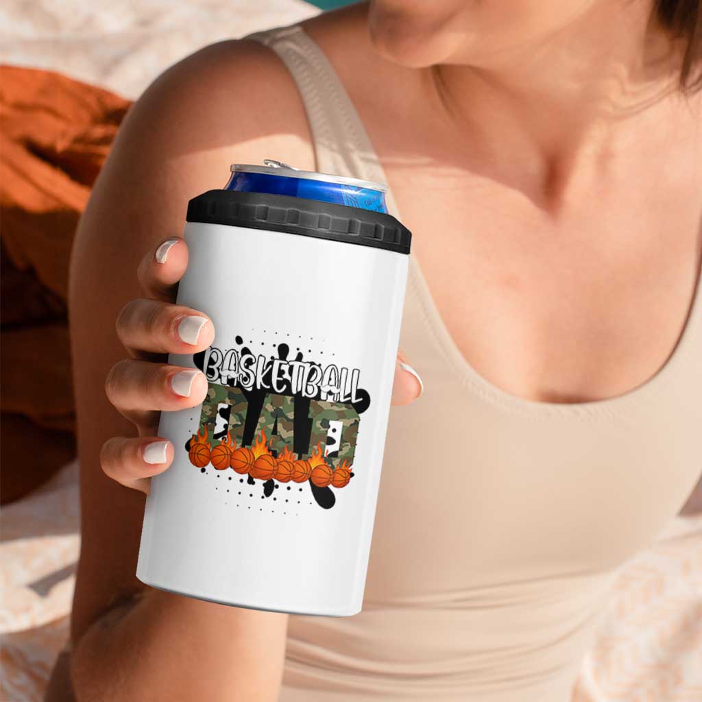 Basketball Dad 4 in 1 Can Cooler Tumbler Camouflage Flame Graphic For Sport Lover