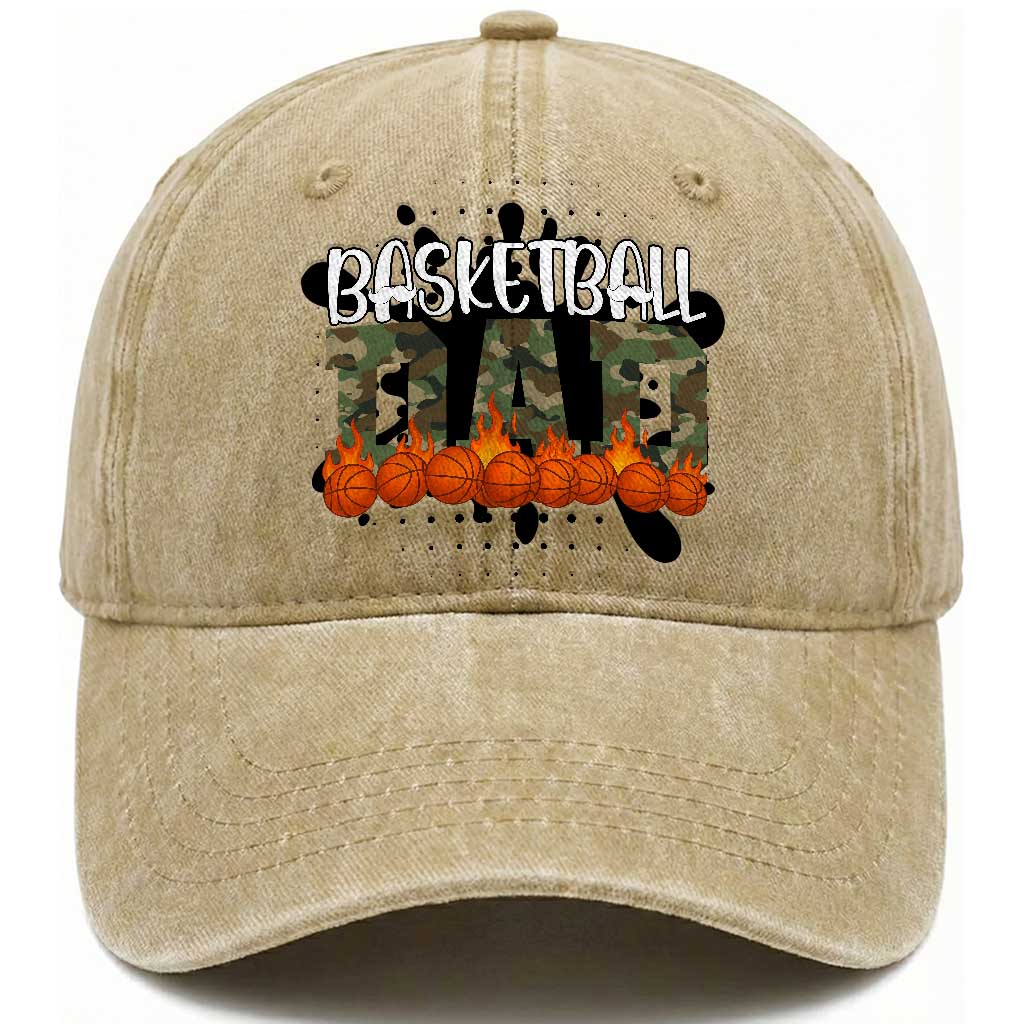 Basketball Dad Washed Cotton Baseball Cap Camouflage Flame Graphic For Sport Lover