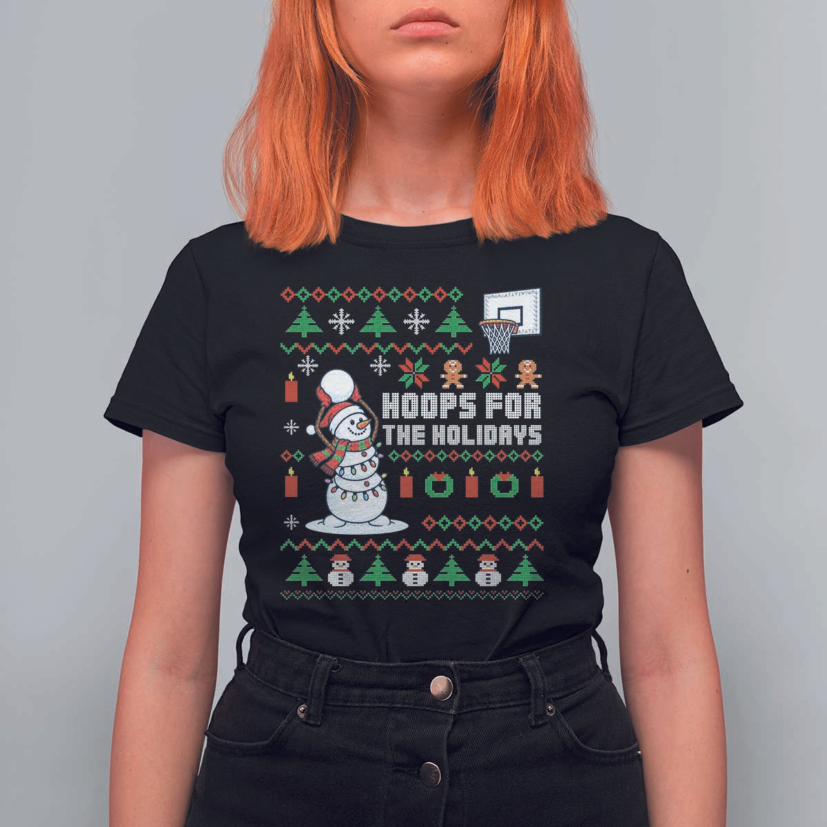 Funny Christmas Basketball Snowmen T Shirt For Women Hoops For The Holidays Ugly Sweater - Wonder Print Shop