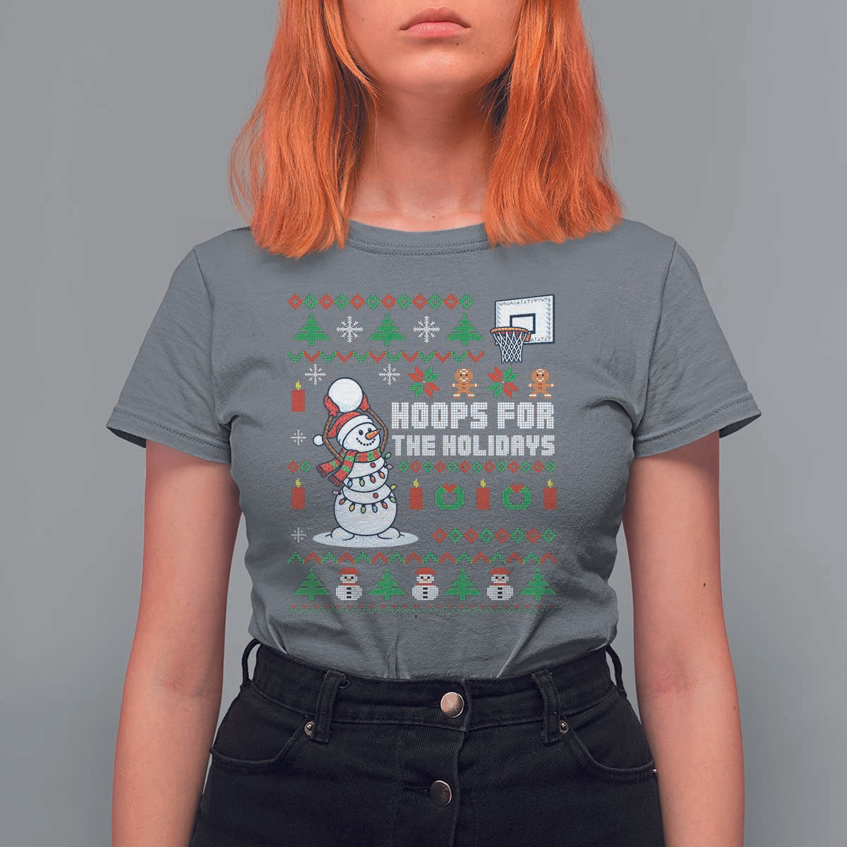 Funny Christmas Basketball Snowmen T Shirt For Women Hoops For The Holidays Ugly Sweater - Wonder Print Shop