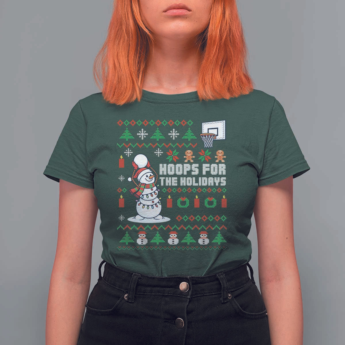 Funny Christmas Basketball Snowmen T Shirt For Women Hoops For The Holidays Ugly Sweater - Wonder Print Shop