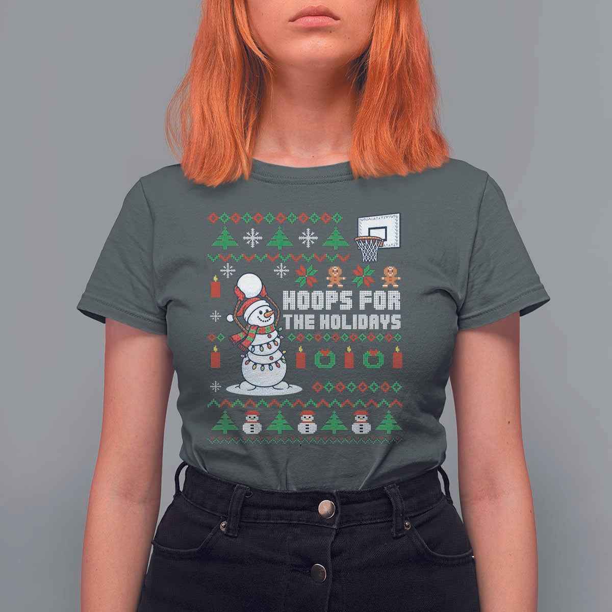 Funny Christmas Basketball Snowmen T Shirt For Women Hoops For The Holidays Ugly Sweater - Wonder Print Shop
