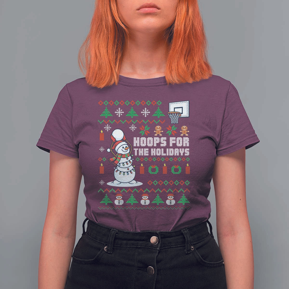 Funny Christmas Basketball Snowmen T Shirt For Women Hoops For The Holidays Ugly Sweater - Wonder Print Shop