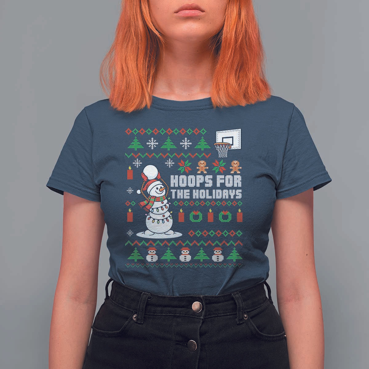 Funny Christmas Basketball Snowmen T Shirt For Women Hoops For The Holidays Ugly Sweater - Wonder Print Shop