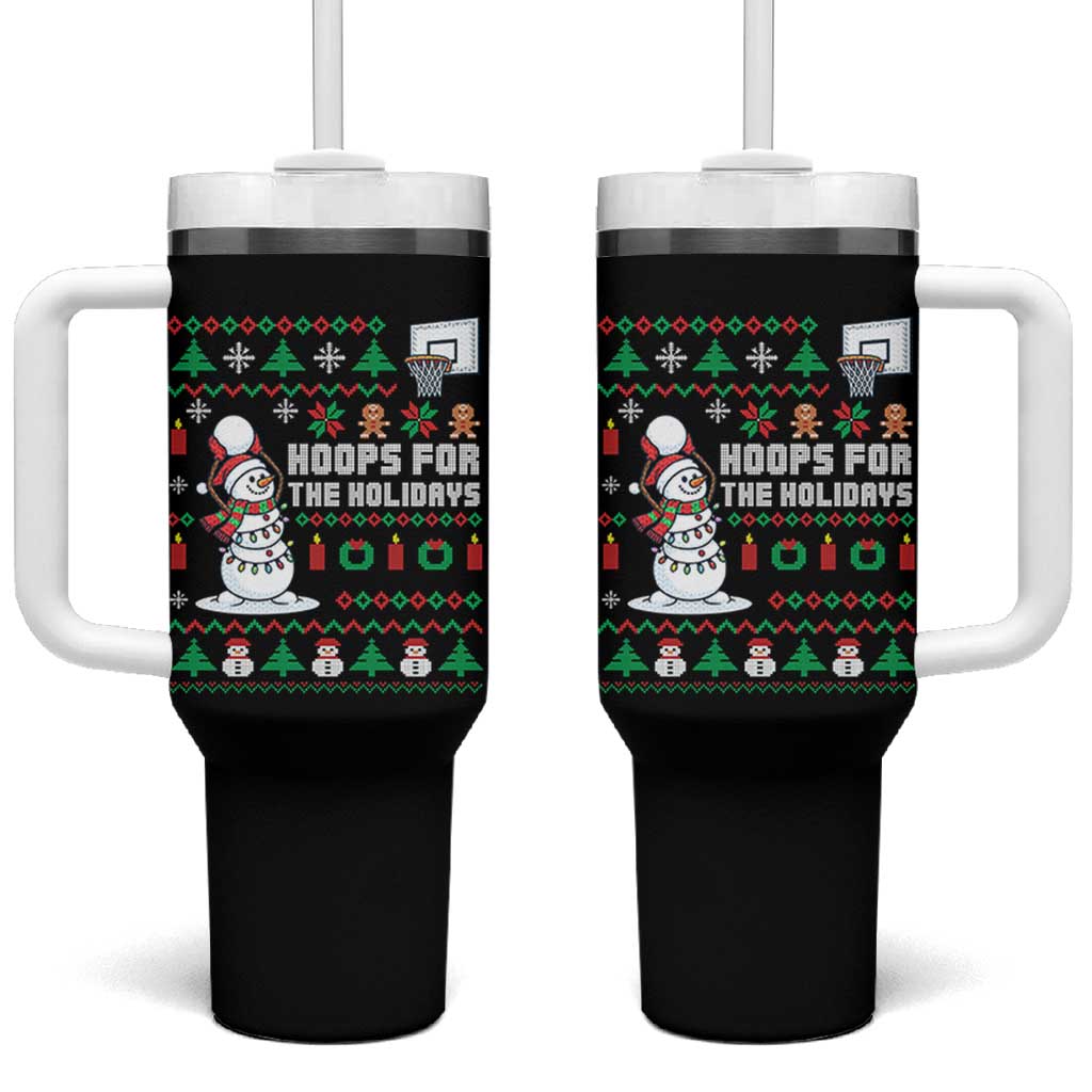 Funny Christmas Basketball Snowmen Tumbler With Handle Hoops For The Holidays Ugly Sweater