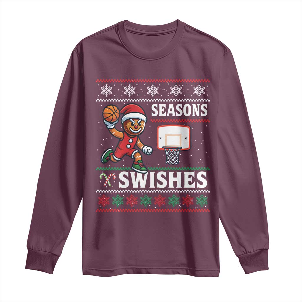 Seasons Swishes Long Sleeve Shirt Funny Gingerbread Basketball Christmas Gift - Wonder Print Shop